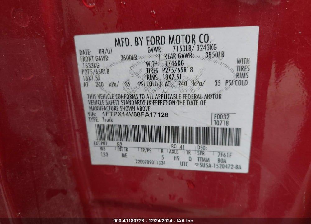 2008 FORD F-150 FX4/LARIAT/XL/XLT VIN: 1FTPX14V88FA17126