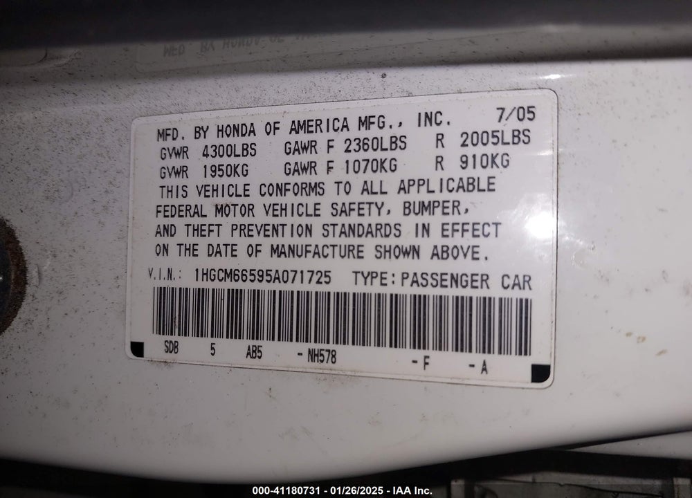 2005 HONDA ACCORD 3.0 EX VIN: 1HGCM66595A071725