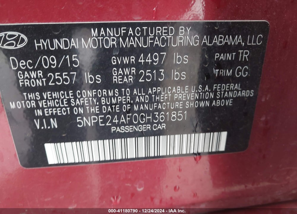 2016 HYUNDAI SONATA VIN: 5NPE24AF0GH361851