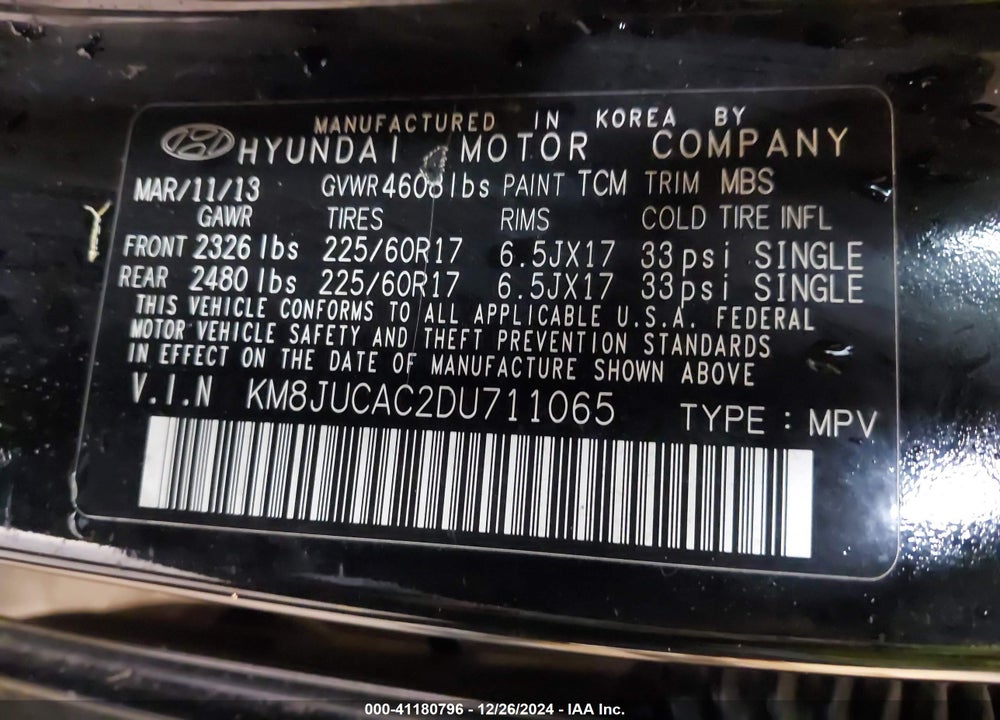 2013 HYUNDAI TUCSON GLS VIN: KM8JUCAC2DU711065