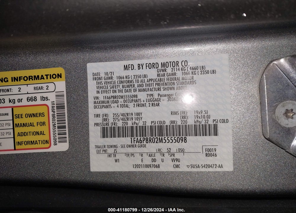 2021 FORD MUSTANG VIN: 1FA6P8R02M5555098