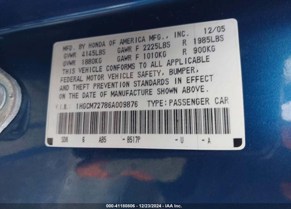 2006 HONDA ACCORD 2.4 EX VIN: 1HGCM72786A009876