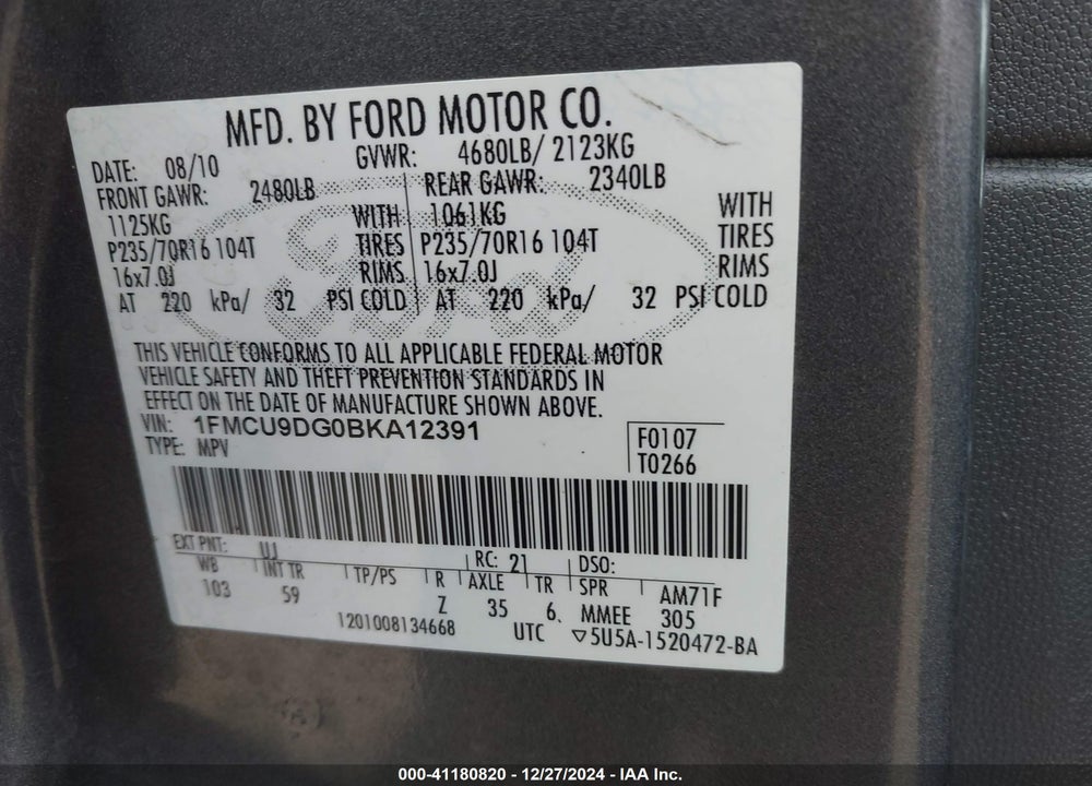 2011 FORD ESCAPE XLT VIN: 1FMCU9DG0BKA12391