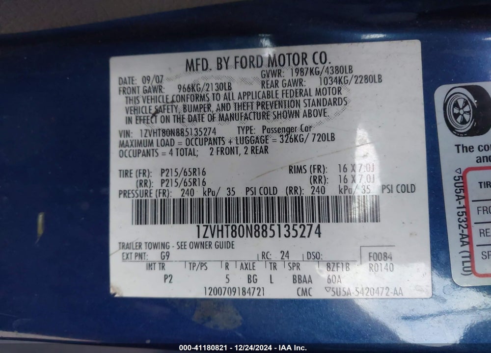 2008 FORD MUSTANG V6 DELUXE/V6 PREMIUM VIN: 1ZVHT80N885135274