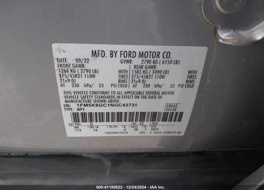 2022 FORD EXPLORER VIN: 1FM5K8GC1NGC43731