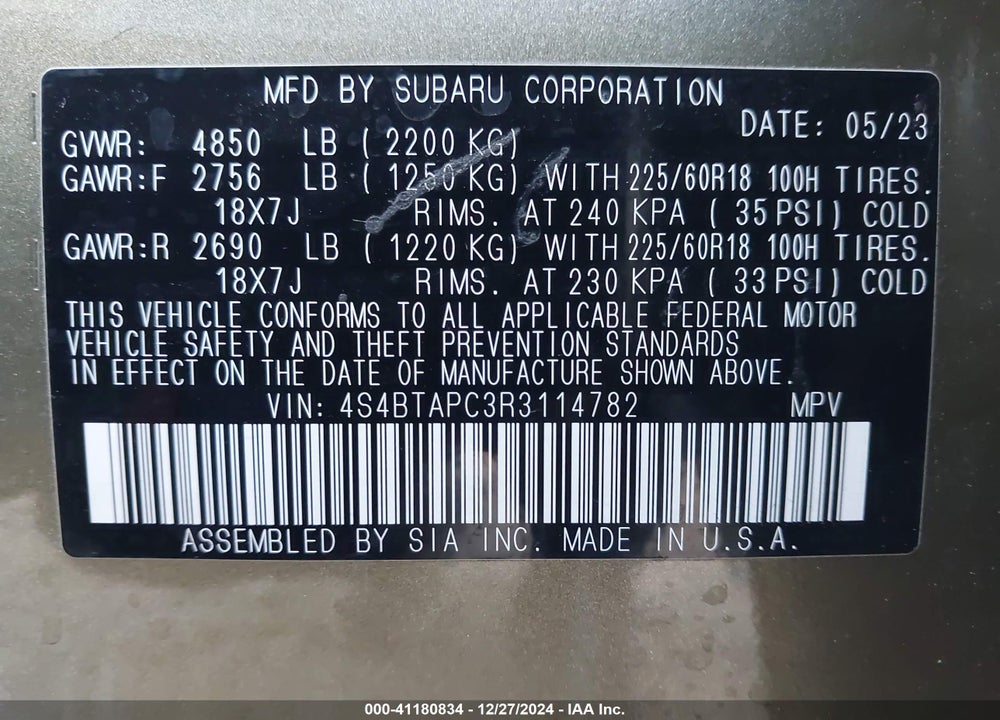 2024 SUBARU OUTBACK TOURING VIN: 4S4BTAPC3R3114782