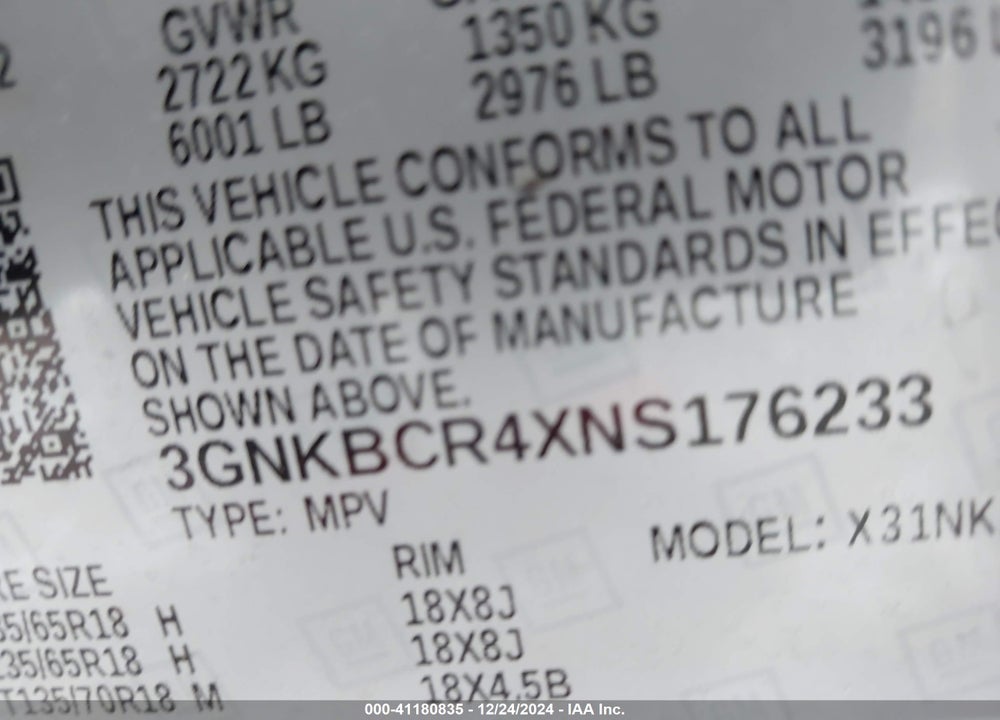 2022 CHEVROLET BLAZER VIN: 3GNKBCR4XNS176233
