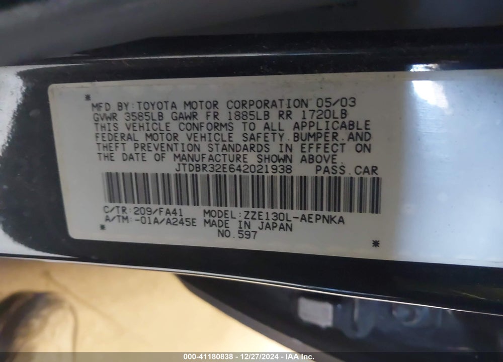 2004 TOYOTA COROLLA LE VIN: JTDBR32E642021938