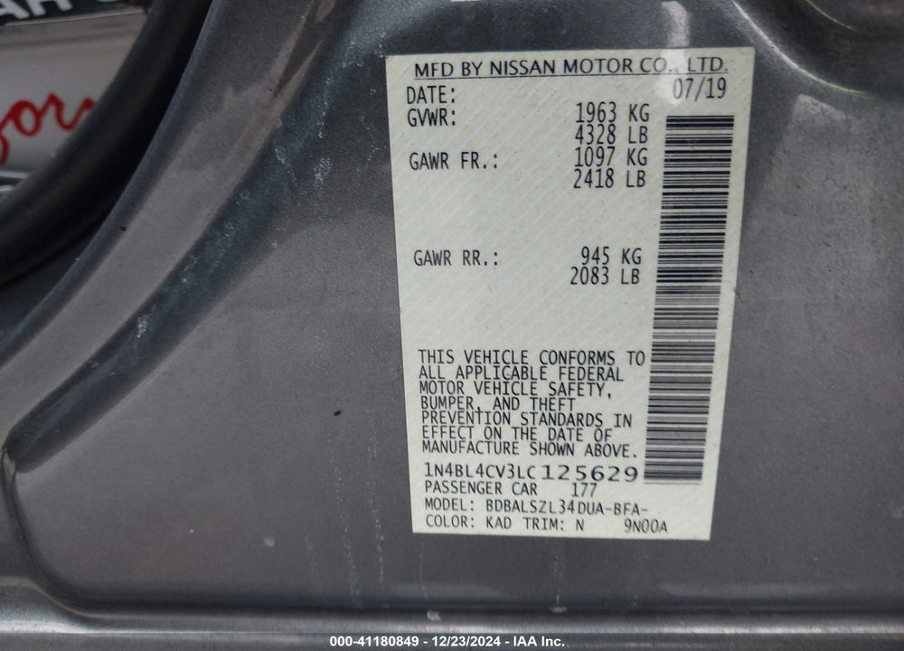 2020 NISSAN ALTIMA SR FWD VIN: 1N4BL4CV3LC125629