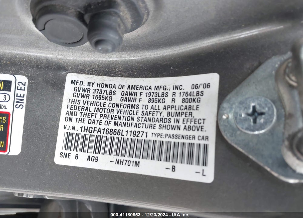 2006 HONDA CIVIC VIN: 1HGFA16866L119271