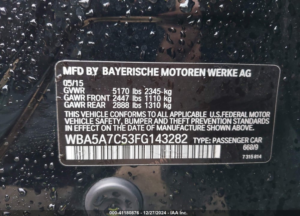 2015 BMW 528I XDRIVE VIN: WBA5A7C53FG143282