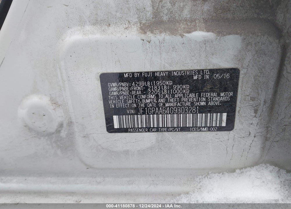 2016 SUBARU IMPREZA 2.0I VIN: JF1GPAA64G9303281