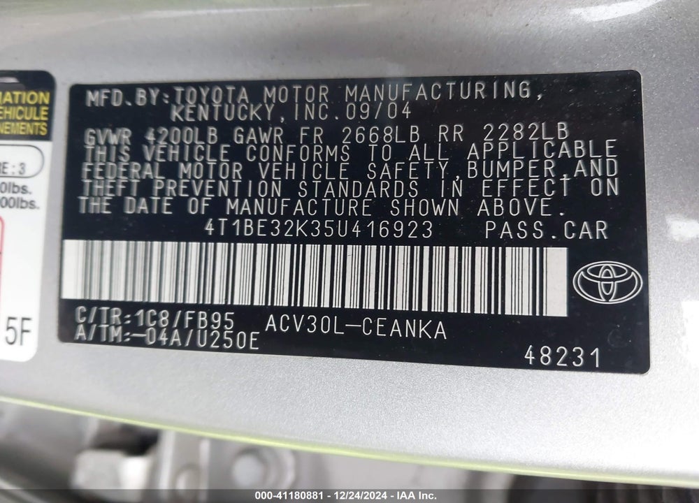 2005 TOYOTA CAMRY LE VIN: 4T1BE32K35U416923