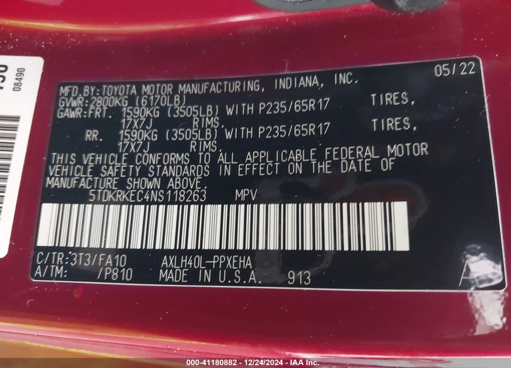 2022 TOYOTA SIENNA VIN: 5TDKRKEC4NS118263