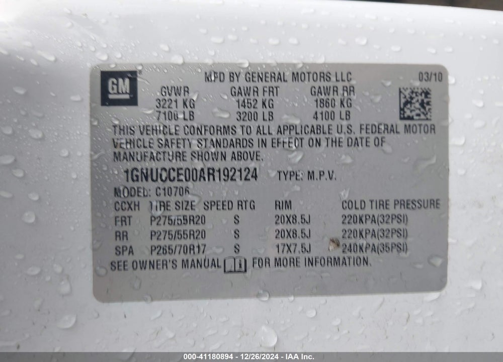 2010 CHEVROLET TAHOE LTZ VIN: 1GNUCCE00AR192124