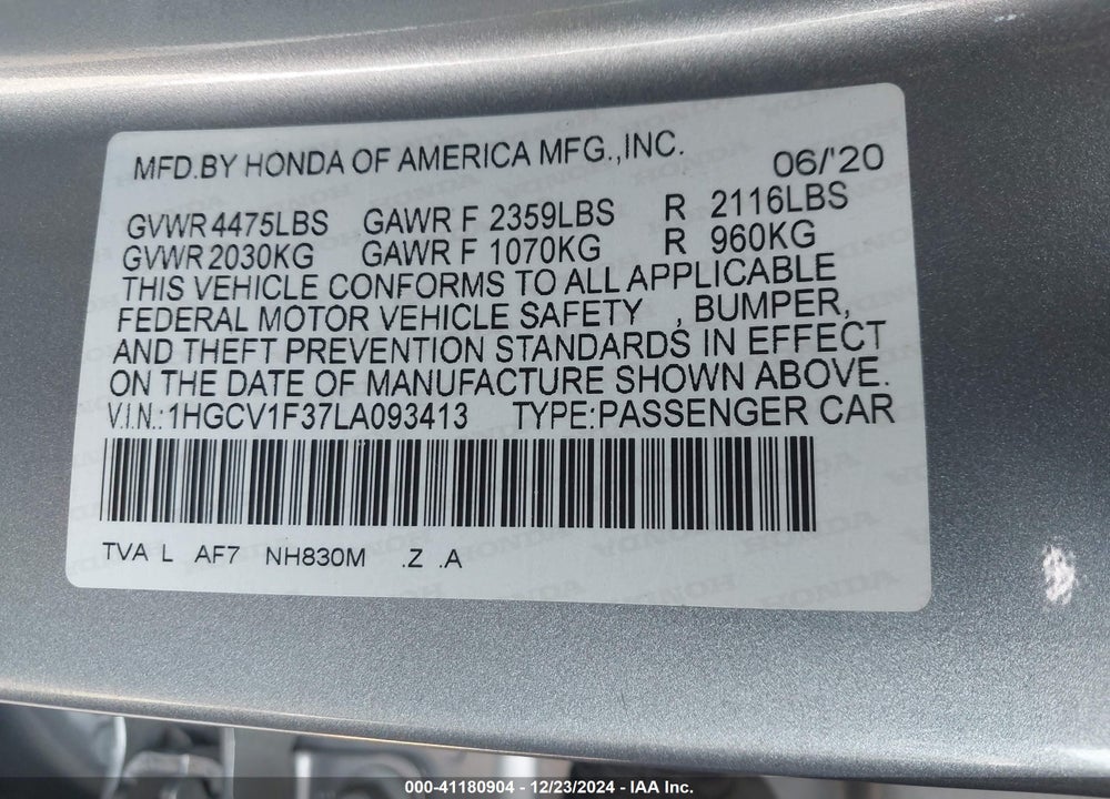 2020 HONDA ACCORD SPORT VIN: 1HGCV1F37LA093413