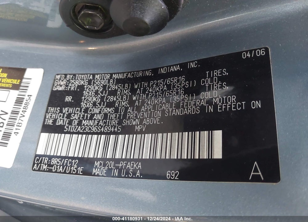 2006 TOYOTA SIENNA LE VIN: 5TDZA23C96S489445