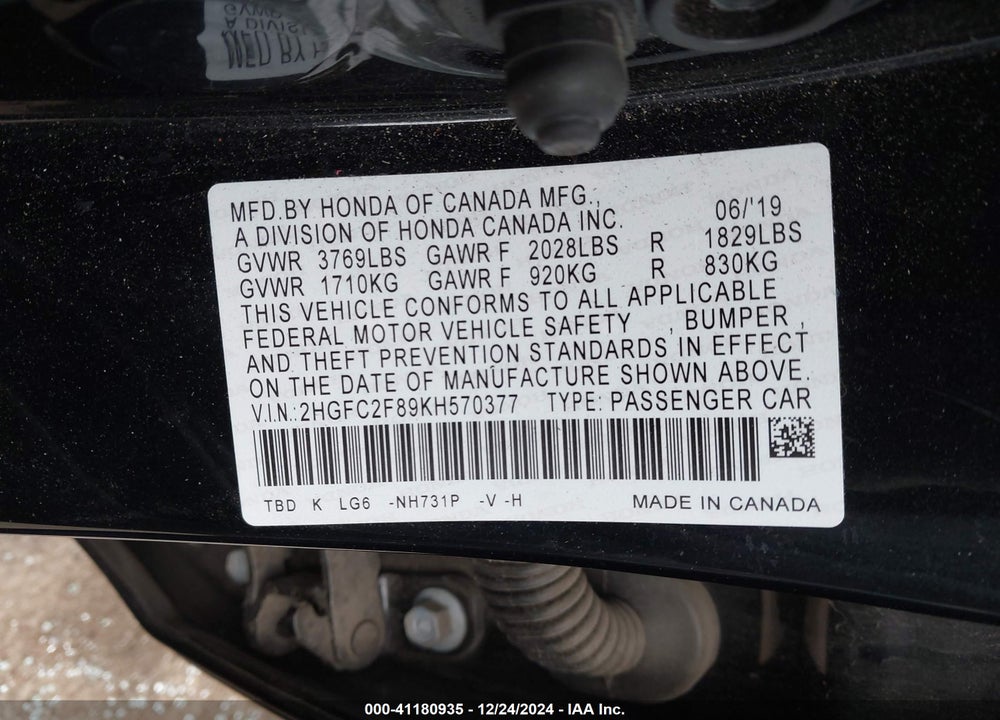2019 HONDA CIVIC SPORT VIN: 2HGFC2F89KH570377