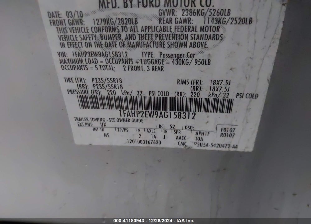 2010 FORD TAURUS VIN: 1FAHP2EW9AG158312