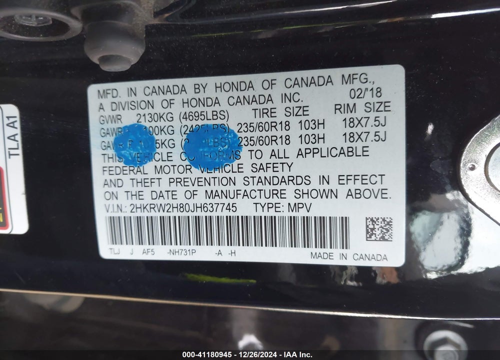 2018 HONDA CR-V EX-L/EX-L NAVI VIN: 2HKRW2H80JH637745