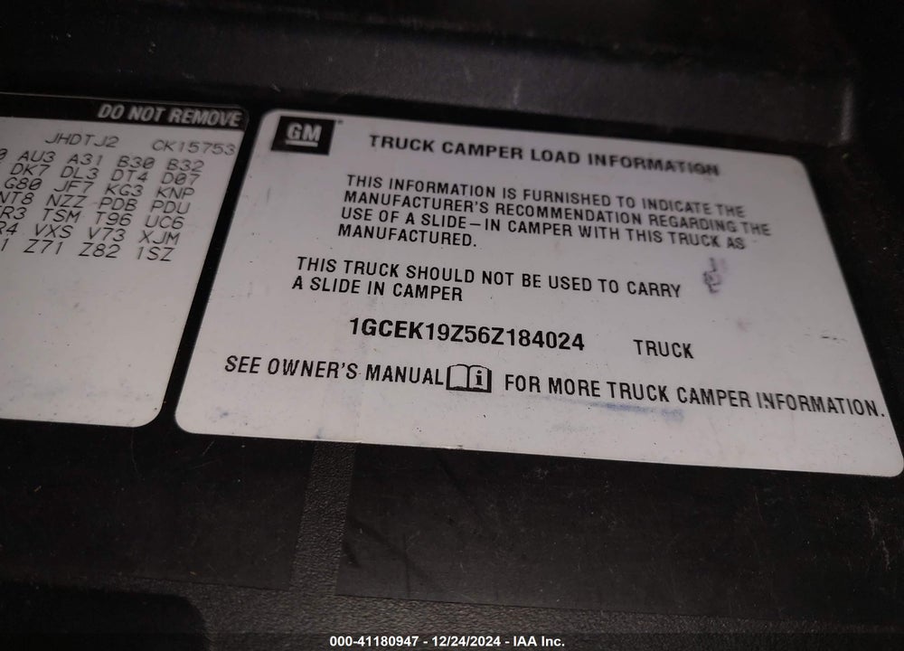 2006 CHEVROLET SILVERADO 1500 LT3 VIN: 1GCEK19Z56Z184024