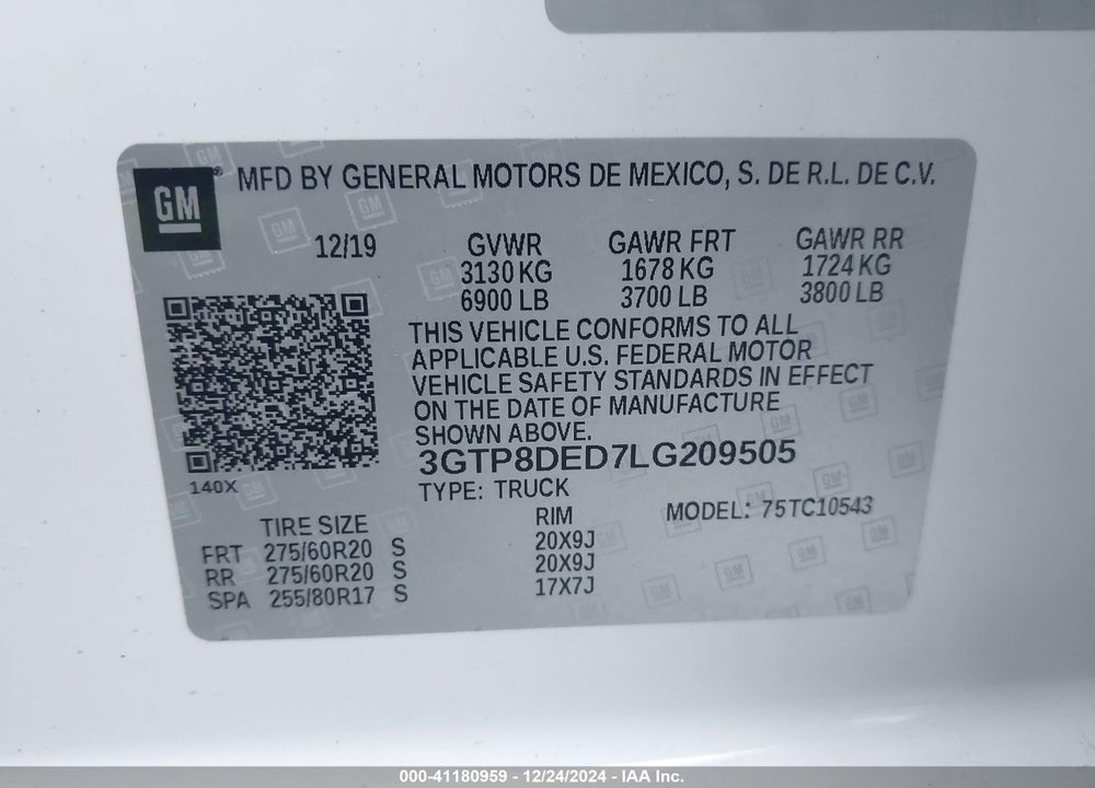 2020 GMC SIERRA 1500 2WD SHORT BOX SLT VIN: 3GTP8DED7LG209505