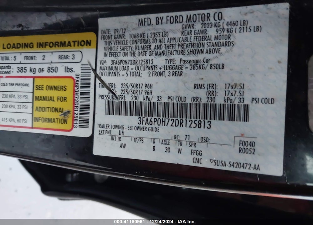 2013 FORD FUSION SE VIN: 3FA6P0H72DR125813