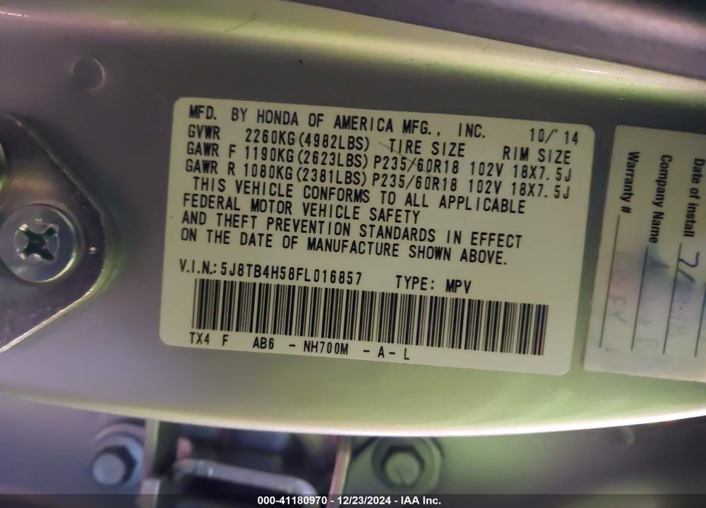 2015 ACURA RDX VIN: 5J8TB4H58FL016857