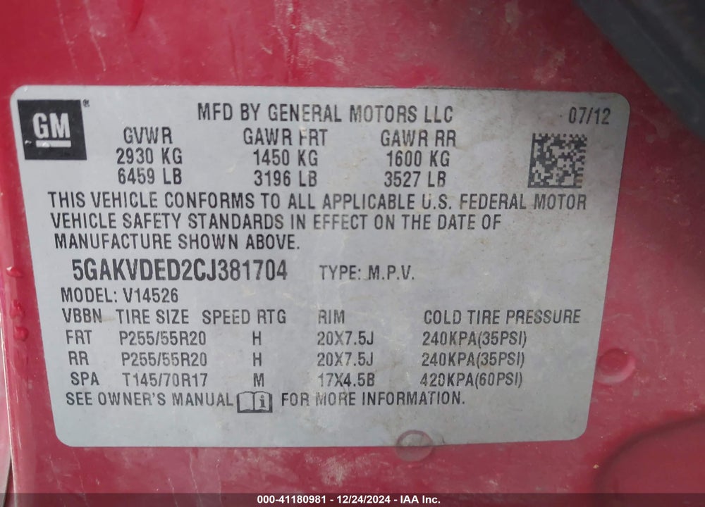 2012 BUICK ENCLAVE PREMIUM VIN: 5GAKVDED2CJ381704