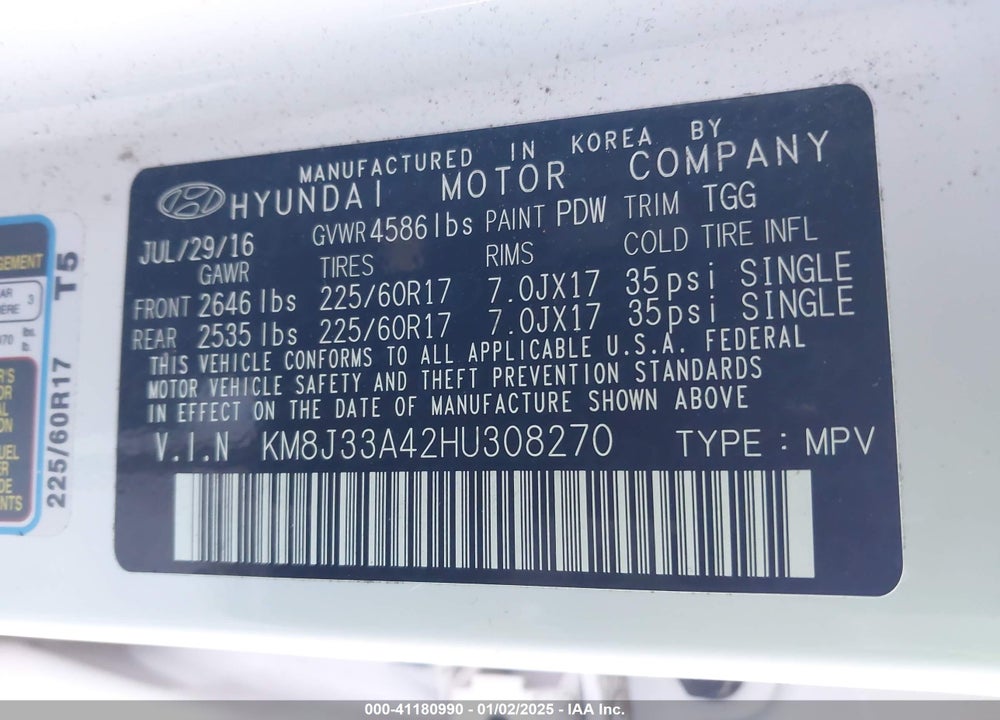 2017 HYUNDAI TUCSON SE VIN: KM8J33A42HU308270
