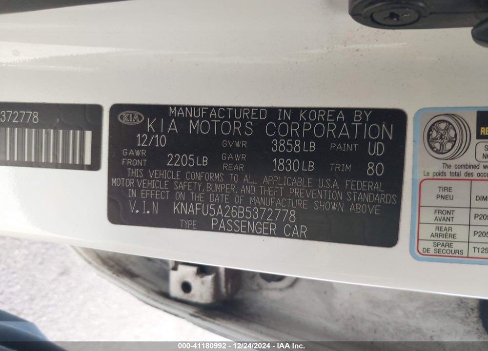 2011 KIA FORTE EX VIN: KNAFU5A26B5372778