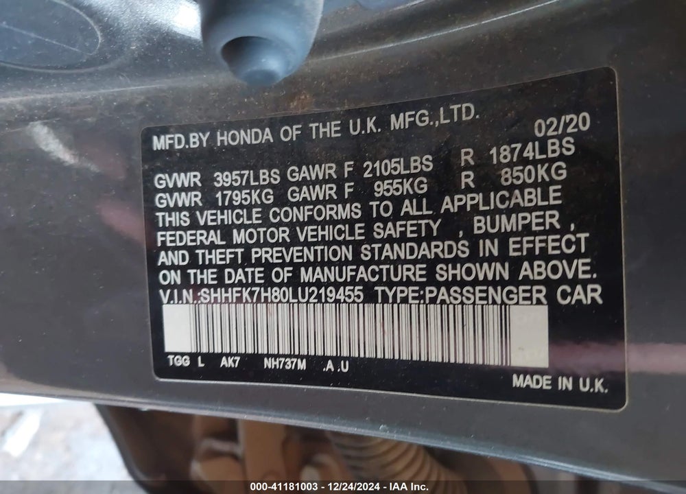 2020 HONDA CIVIC VIN: SHHFK7H80LU219455