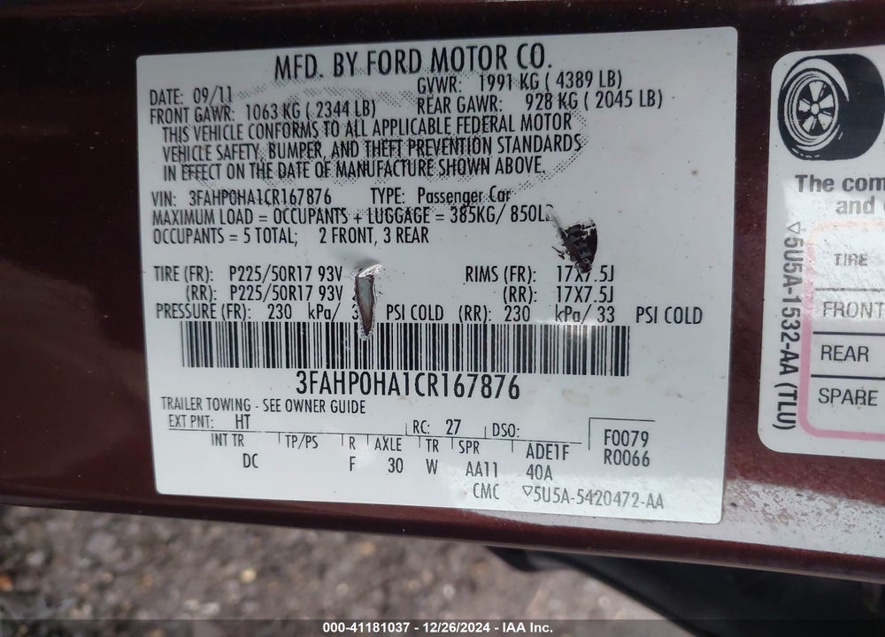 2012 FORD FUSION SE VIN: 3FAHP0HA1CR167876
