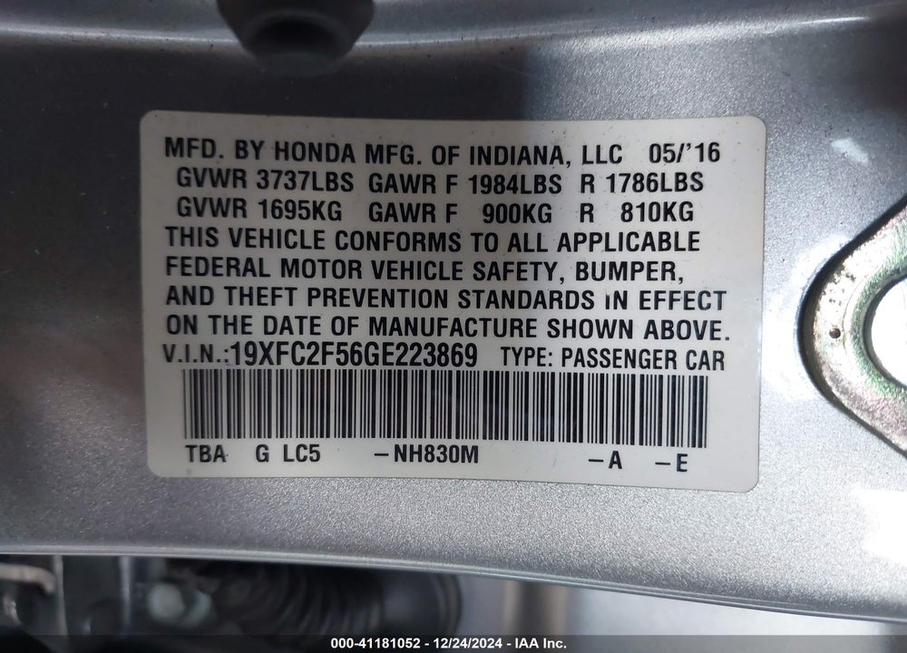 2016 HONDA CIVIC LX VIN: 19XFC2F56GE223869