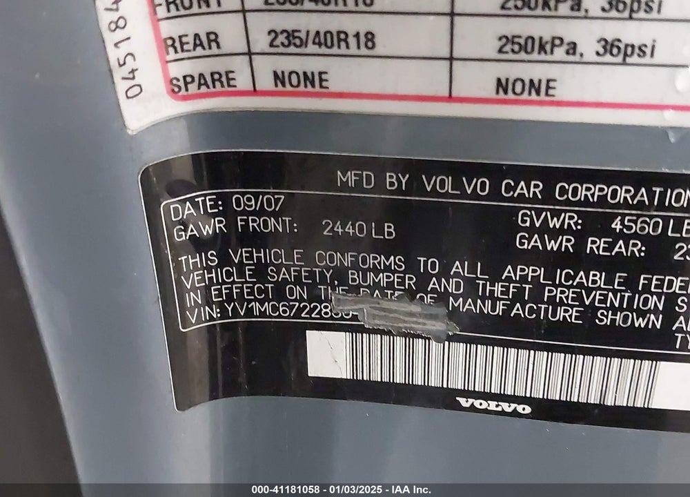 2008 VOLVO C70 T5 VIN: YV1MC67228J045184