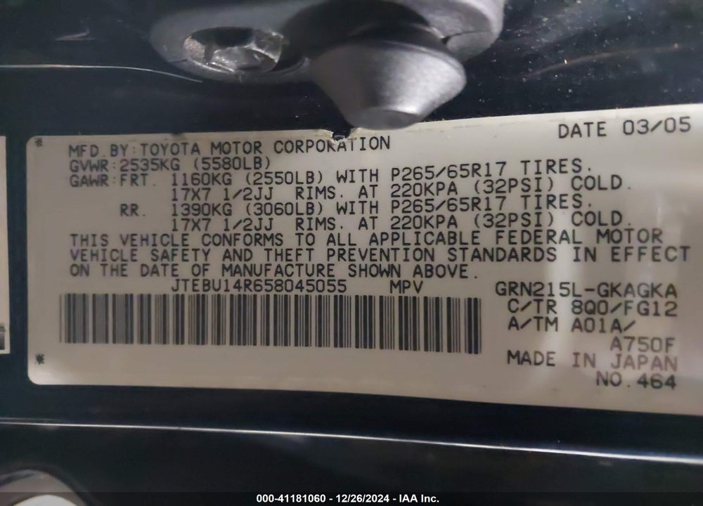 2005 TOYOTA 4RUNNER SR5 V6 VIN: JTEBU14R658045055