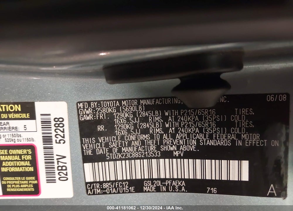 2008 TOYOTA SIENNA LE VIN: 5TDZK23C88S213533
