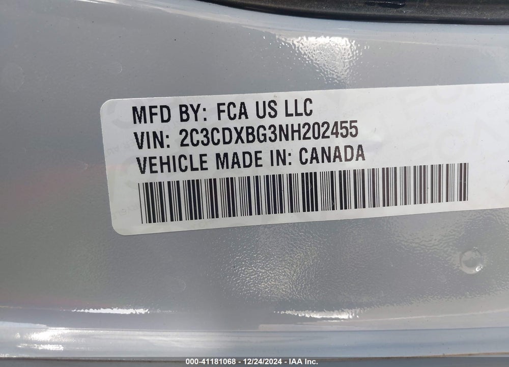 2022 DODGE CHARGER VIN: 2C3CDXBG3NH202455