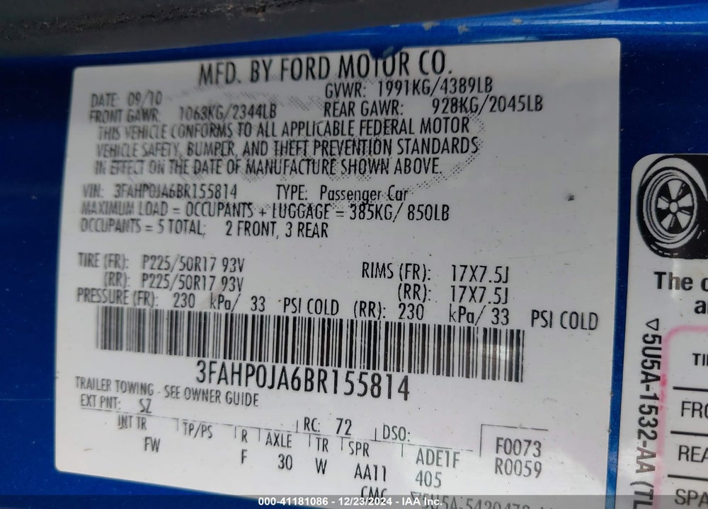 2011 FORD FUSION SEL VIN: 3FAHP0JA6BR155814