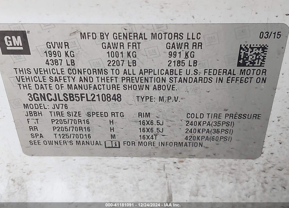 2015 CHEVROLET TRAX VIN: 3GNCJLSB5FL210848