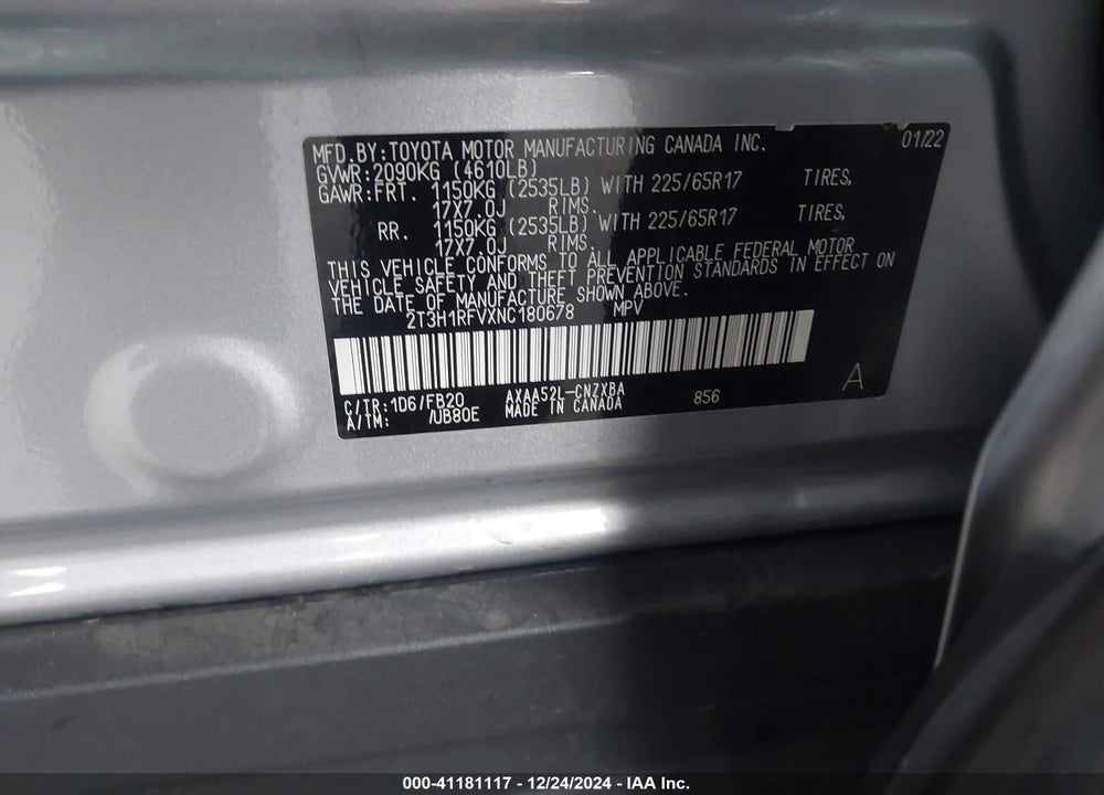 2022 TOYOTA RAV4 LE VIN: 2T3H1RFVXNC180678