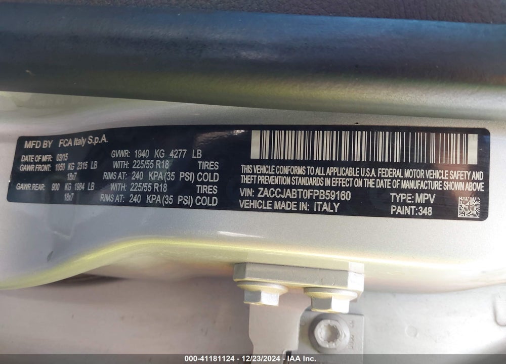 2015 JEEP RENEGADE LATITUDE VIN: ZACCJABT0FPB59160