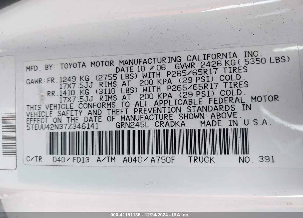 2007 TOYOTA TACOMA ACCESS CAB VIN: 5TEUU42N37Z346141