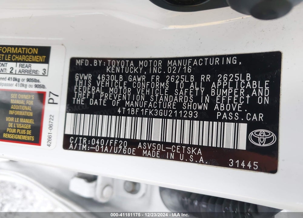 2016 TOYOTA CAMRY VIN: 4T1BF1FK3GU211293