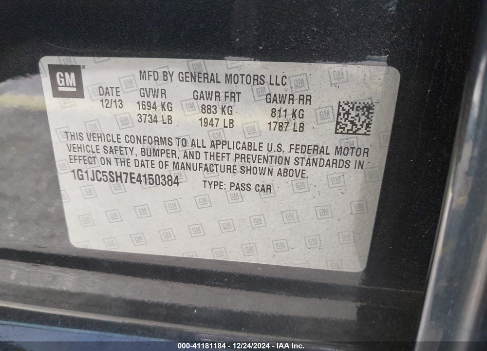 2014 CHEVROLET SONIC LT AUTO VIN: 1G1JC5SH7E4150384
