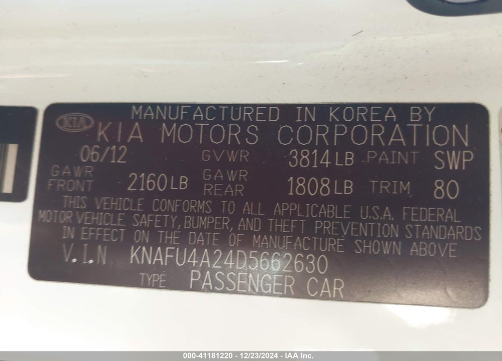 2013 KIA FORTE EX VIN: KNAFU4A24D5662630