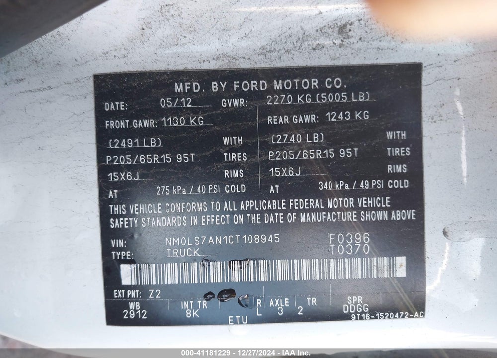2012 FORD TRANSIT CONNECT XL VIN: NM0LS7AN1CT108945
