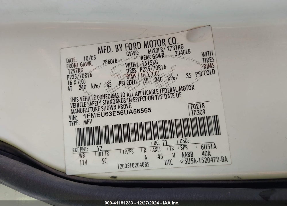 2006 FORD EXPLORER XLT VIN: 1FMEU63E56UA56565