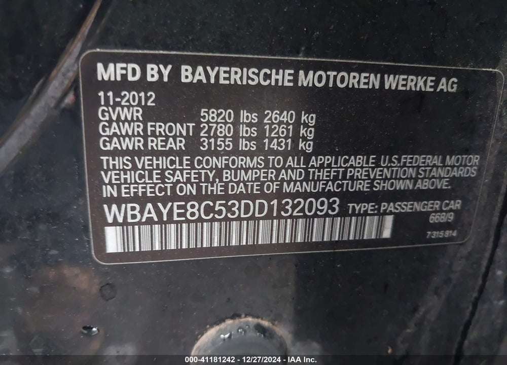 2013 BMW 7 SERIES VIN: WBAYE8C53DD132093