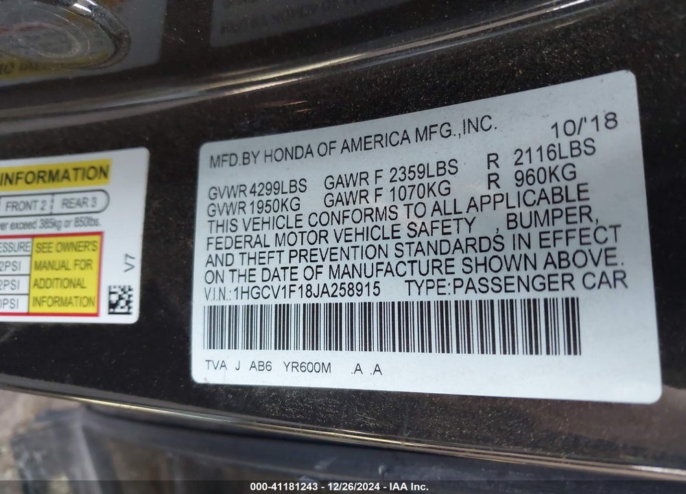 2018 HONDA ACCORD LX VIN: 1HGCV1F18JA258915